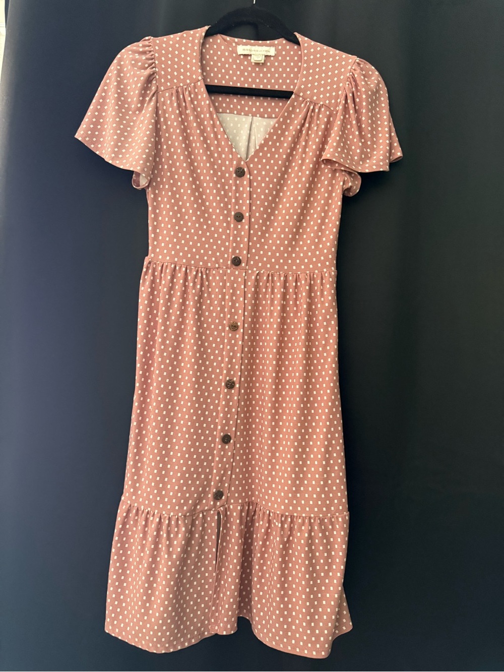 Polka Dot Flutter Sleeve Button-Front Dress in Dusty Rose